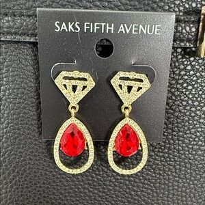 Saks Fifth Avenue Gold and Red Teardrop Earrings